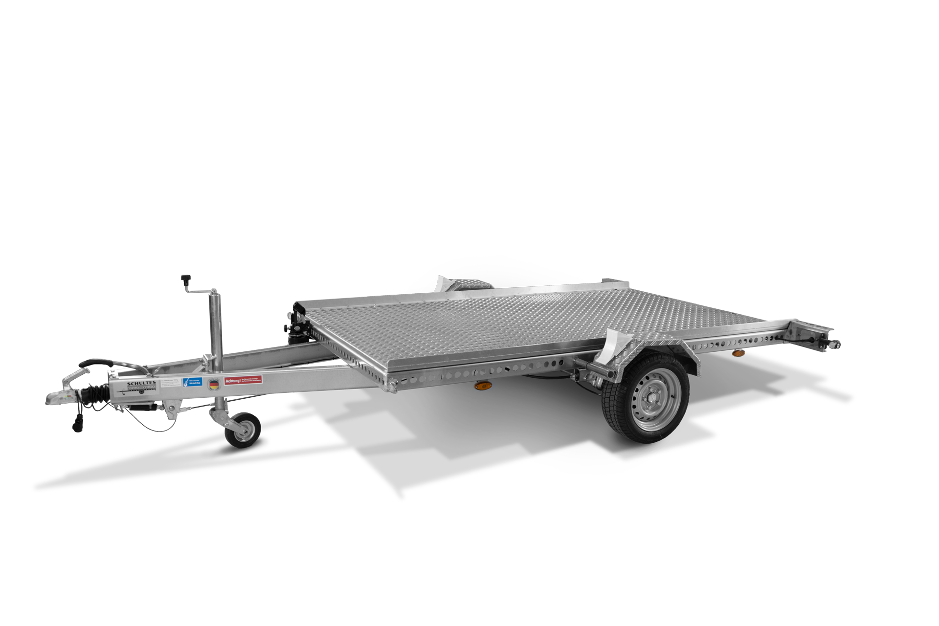 Anhänger absenkbar, Plattformgröße 3,20m x 1,76m, aus Aluminium, Anhänger für Motorräder und Smart. Hydraulisch mit Handpumpe, zulassungsfertig mit 13Zoll Bereifung, zulässiges Gesamtgewicht 2000kg.