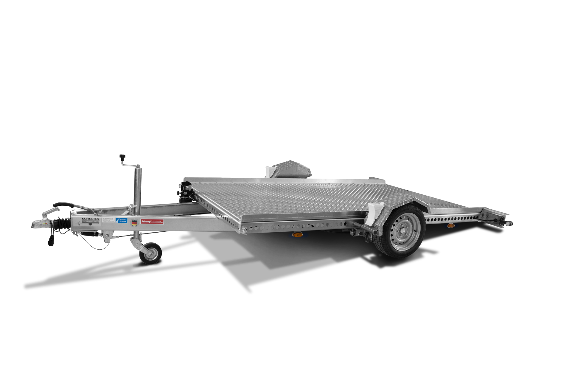 Anhänger absenkbar, Seitenansicht, abgesenkt, Plattformgröße 3,20m x 1,76m, aus Aluminium, Anhänger für Motorräder und Smart. Hydraulisch mit Handpumpe, zulassungsfertig mit 13Zoll Bereifung, zulässiges Gesamtgewicht 2000kg.