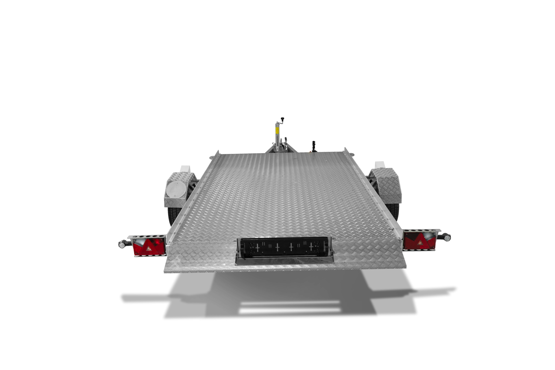 Anhänger absenkbar, Heckansicht, fahrbereit, Plattformgröße 3,20m x 1,76m, aus Aluminium, Anhänger für Motorräder und Smart. Hydraulisch mit Handpumpe, zulassungsfertig mit 13Zoll Bereifung, zulässiges Gesamtgewicht 2000kg.
