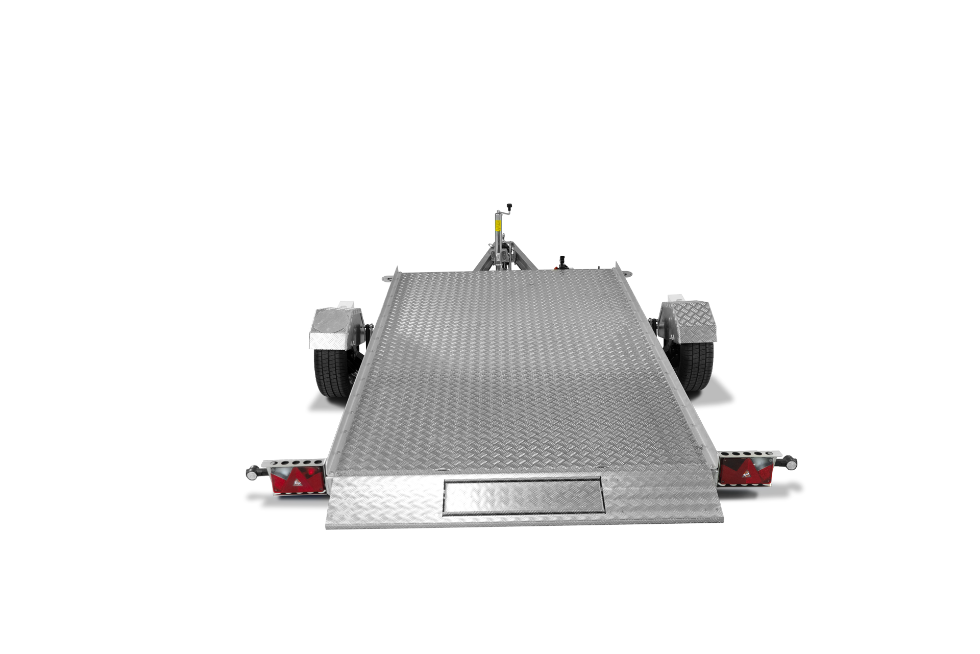 Anhänger absenkbar, Heckansicht, abgesenkt, Plattformgröße 3,20m x 1,76m, aus Aluminium, Anhänger für Motorräder und Smart. Hydraulisch mit Handpumpe, zulassungsfertig mit 13Zoll Bereifung, zulässiges Gesamtgewicht 2000kg.