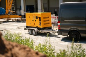 Edelstahl Fahrgestell mit einem Stromaggregat beladen auf einer Baustelle